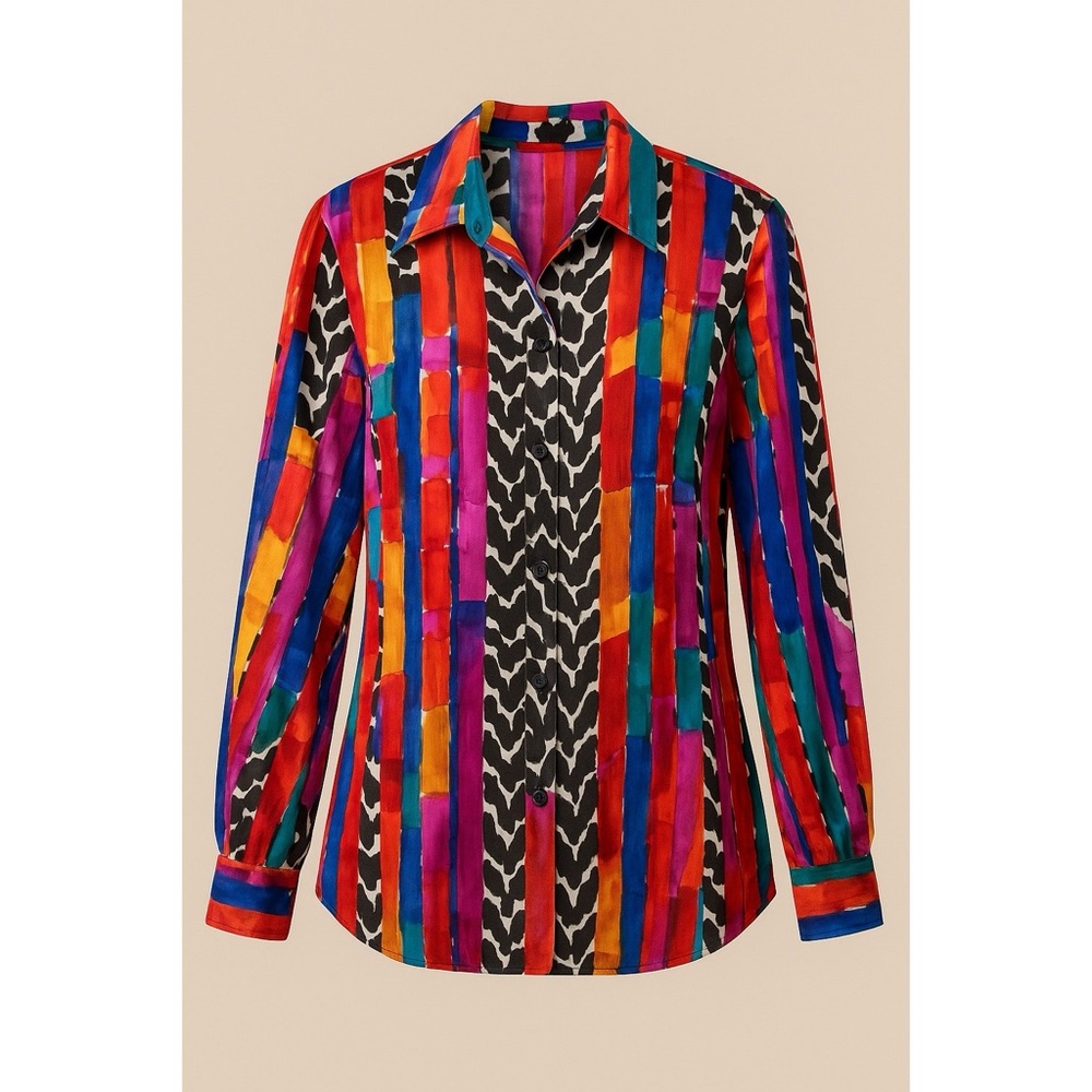 Anastasia | VTG Abstract Metallic Stripe Retro Glam Charmeuse Satin Blouse